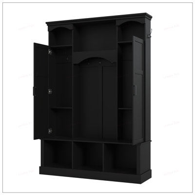 Modern All-in-One Hall Tree with Adjustable Shelves, Classic Arched Farmhouse Storage Bench with Dual Side Cabinets, Elegant Entryway Organizer with 7 Hooks for Mudroom, Hallway