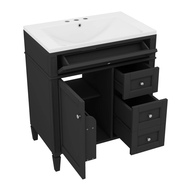 Meuble-lavabo contemporain de 30 po avec lavabo supérieur, 2 tiroirs et un tiroir avant pour lavabo simple, Noir