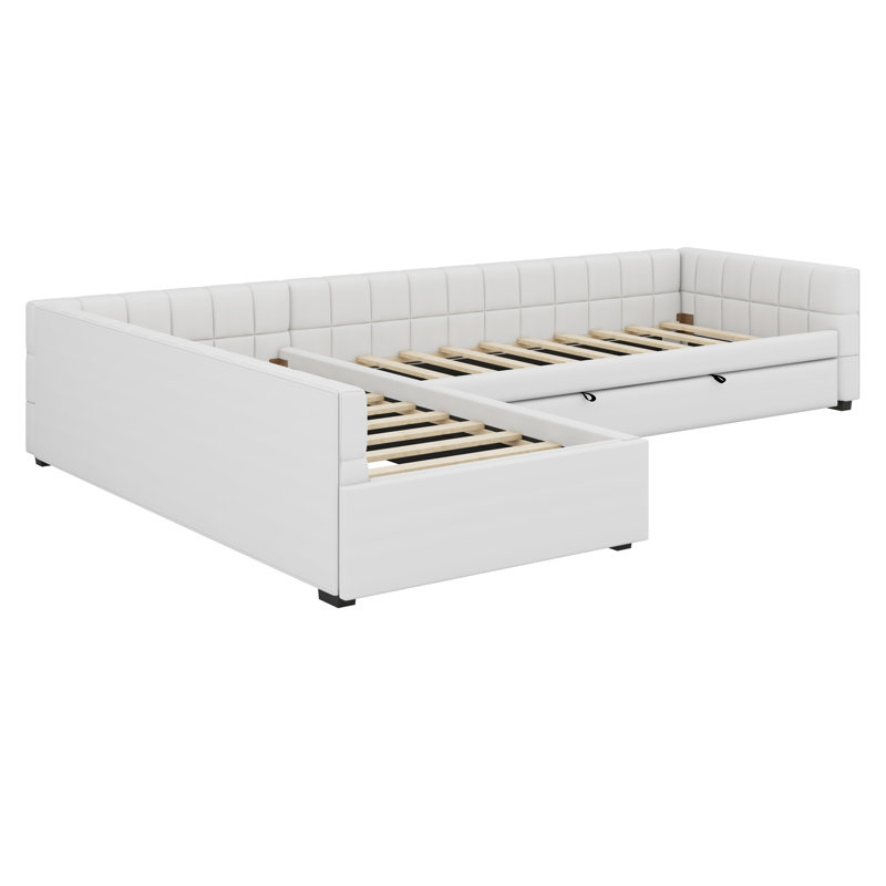 Upholstered L Shape Daybed Double with Pull Out Trundle & Drawer, Beige
