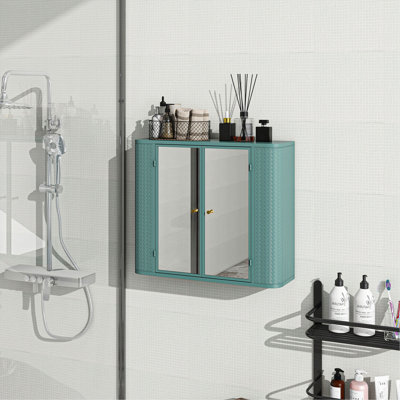Armoire de salle de bain murale avec miroir, 2 portes en miroir et tablette ouverte, armoire de rangement en métal de style campagnard avec compartiment ouvert pour meuble-lavabo, toilette et évier