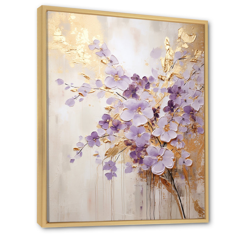 Mauve et or orné de violettes, pré IV - art mural Violettes, H 32 po x l 24 po x P 1 po, Cadre naturel flottant