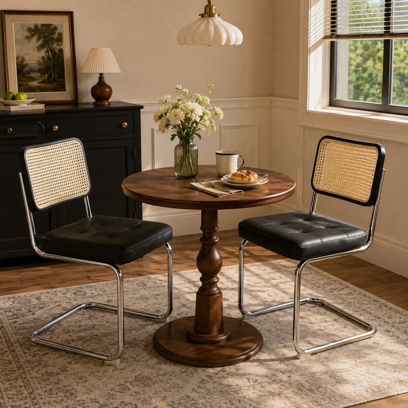 Faux Lather Rattan Cantilever Chairs With Chrome Legs(Set of 2), Black