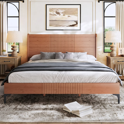 King Size Solid Bamboo Platform Bed With Vertical Grooved Headboard, Mid-Century Style, Rounded Corner Design, Black Metal Legs, No Box Spring Needed, Natural Finish