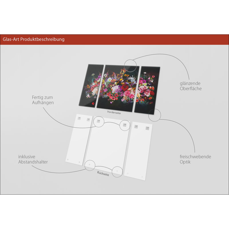 Bouquet Of Flowers Photographic Art Print On Glass - 3 Piece No Frame Print on Glass