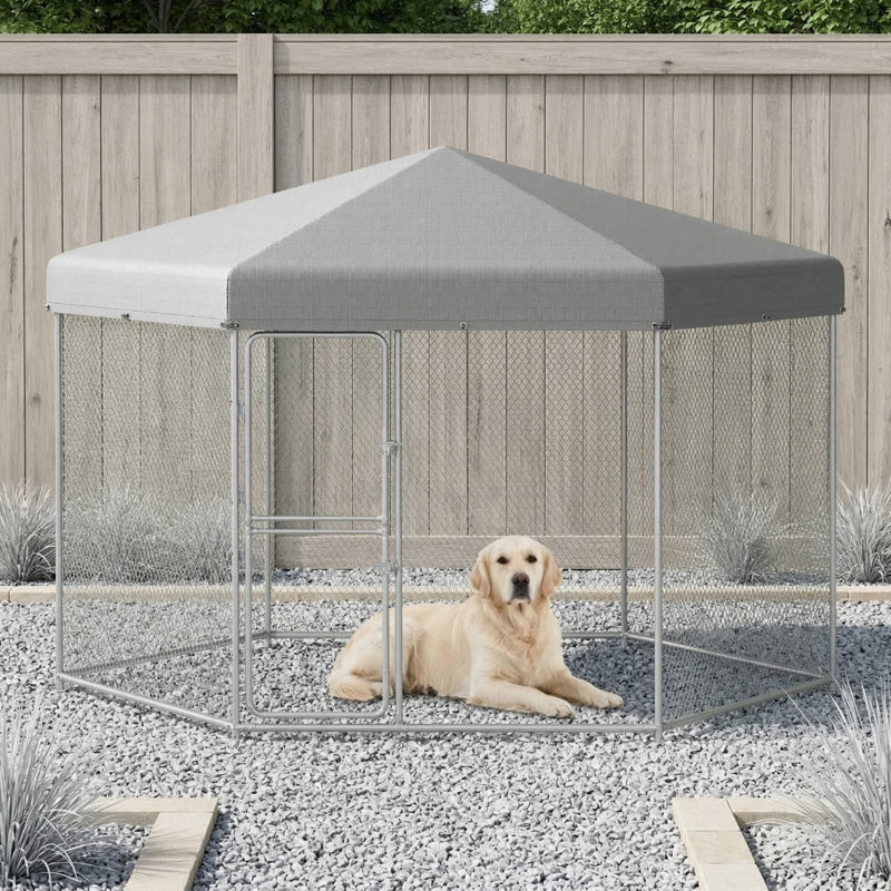 Enclos pour chien spacieux avec toit de protection, dimensions 13,1 x 11,2 x 7,6 pieds, fabrication en acier galvanisé, avec couvercle résistant aux intempéries protégé contre les rayons UV, portes à double accès et clôture grillagée