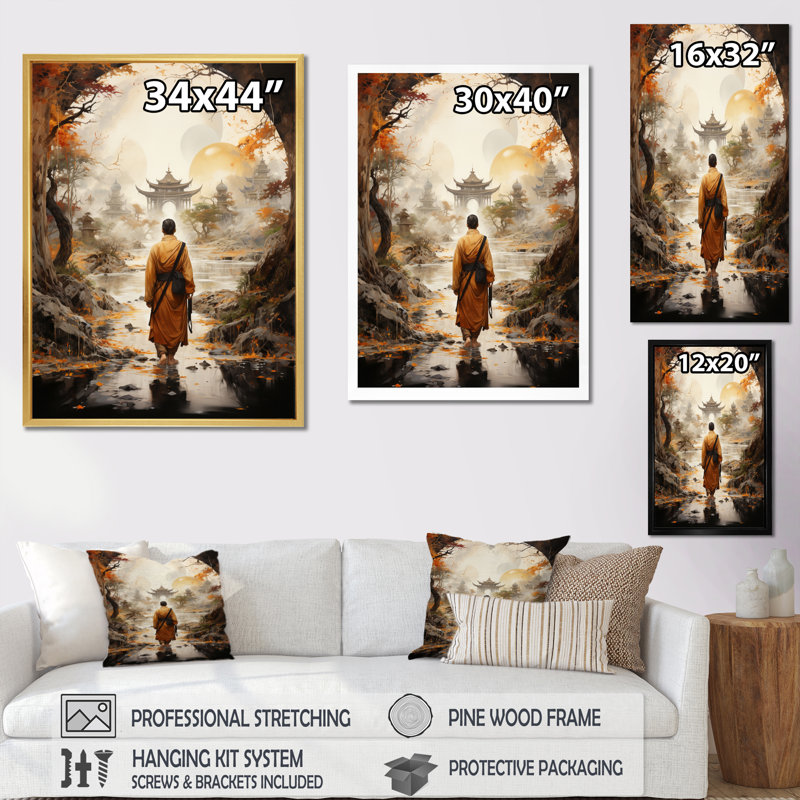 Art bouddhiste orange et beige, voyage de Bouddha, art mural bouddhisme, salon, L 16 po x H 32 po, Cadre photo noir