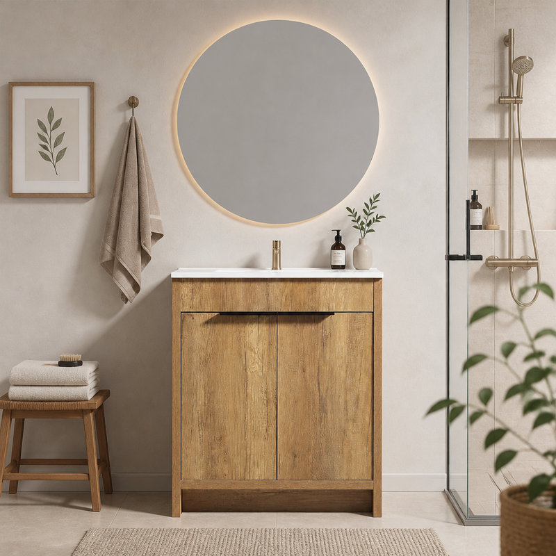 Armoire de salle de bain murale flottante moderne 36 po avec lavabo et portes en pierre artificielle, chêne doré
