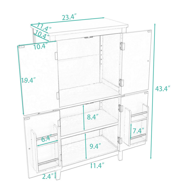 Armoire de rangement élégante pour salle de bain avec 4 portes et tablettes réglables, Blanc