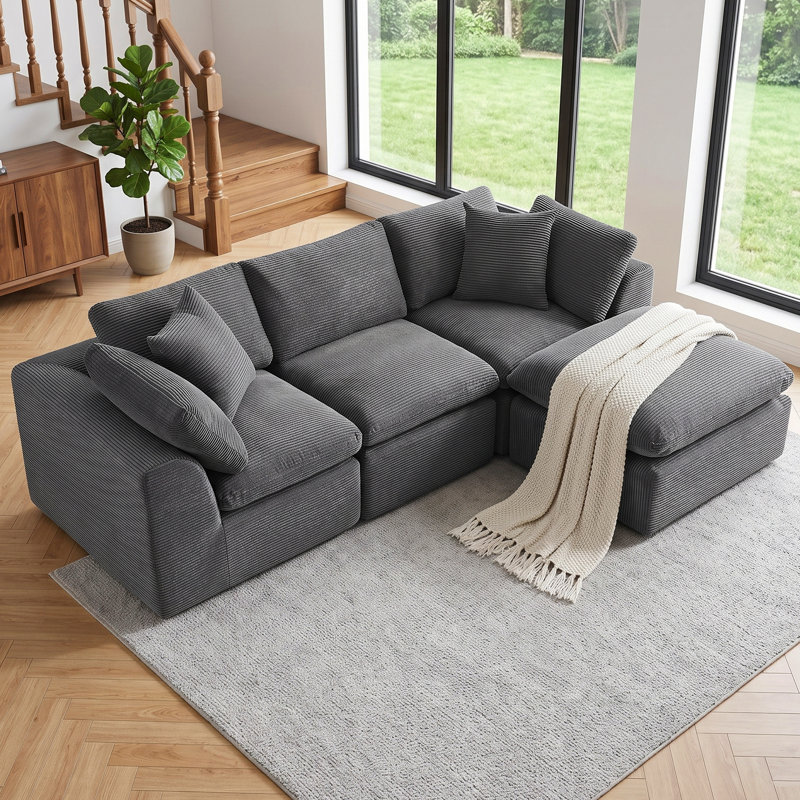 Canapé modulaire Boneless Balliet, En forme de L (3 places), Velours côtelé gris