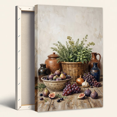 Tableau sur toile représentant des figues violettes et des raisins avec des herbes vertes sur une table en bois
