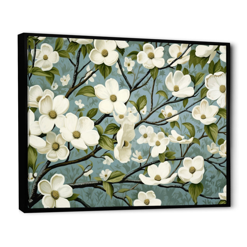" White Teal Dogwood Elegance ", 30" H x 40" W x 1.5" D, Black Floater Framed