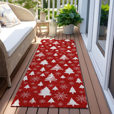 Machine Washable Indoor/Outdoor Christmas Tree Xhevrie Red Rug