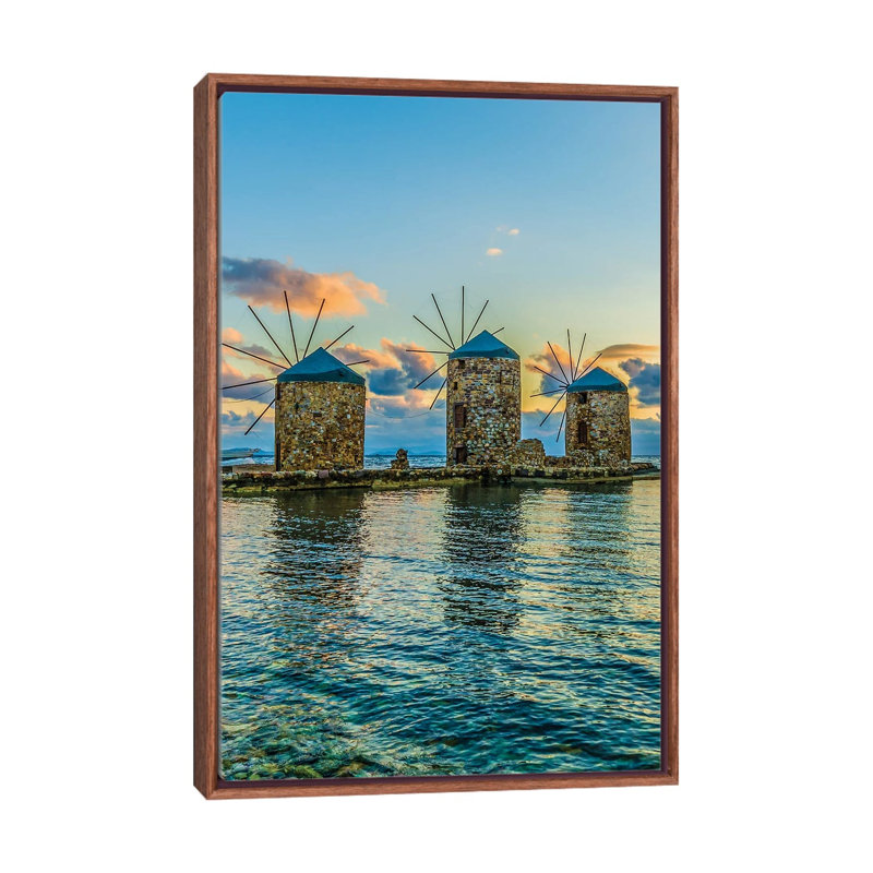 Windmills Of Chios by Nejdet Duzen - Print on Canvas, 66.04cm H x 45.72cm W x 3.81cm D, Classic Brown Wood Framed