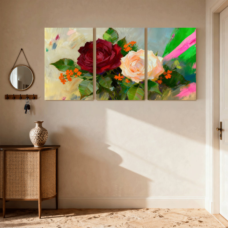 Ensemble de 3 reproductions d'art sur toile, roses et feuilles vertes, H 24 po x l 48 po