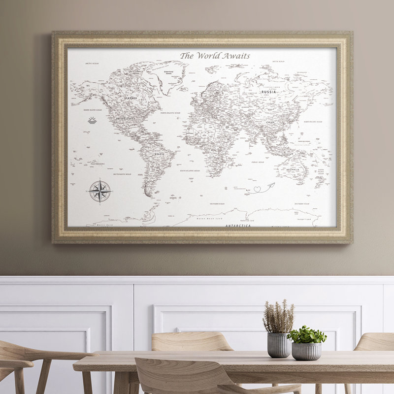 Carte de voyage à punaises - Carte du monde minimaliste encadrée sur toile, 26 x 40 - Taille intérieure, Étain antique