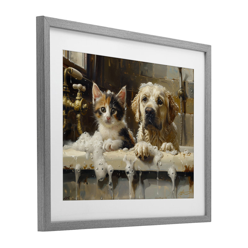 «Bath Buddies Cat & Dog», reproduction encadrée sous verre, conception de Shawna Stewart, H 13 po x l 16 po