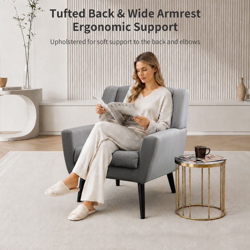 Tufted Upholstered Wide Back Armchair（Set of 2）, Light Gray Linen Blend