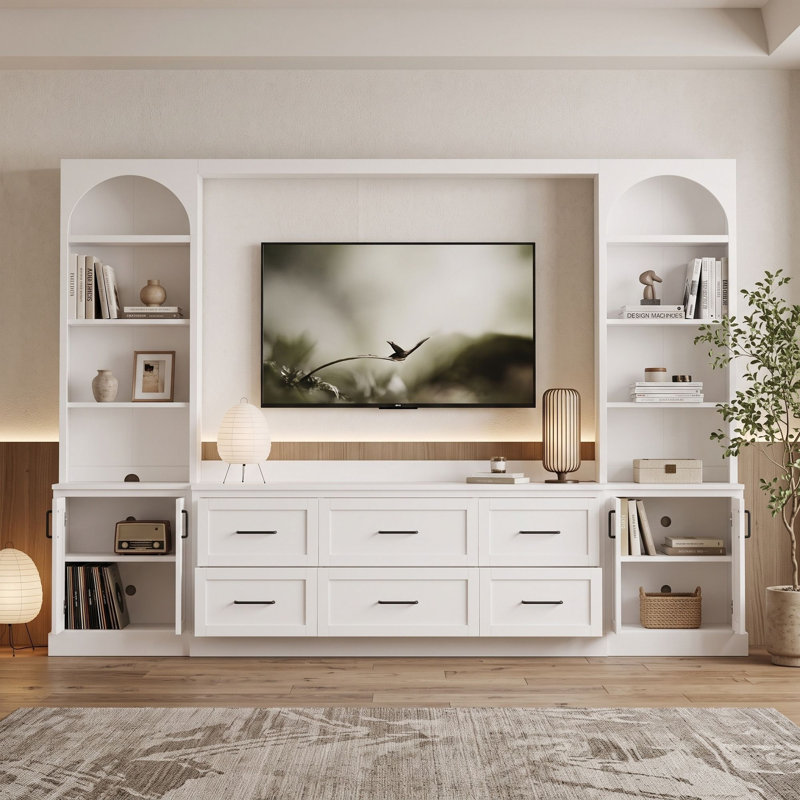 Meuble audio-vidéo moderne avec 6 tiroirs, 2 armoires, tablettes réglables et système de gestion des câbles, Blanc