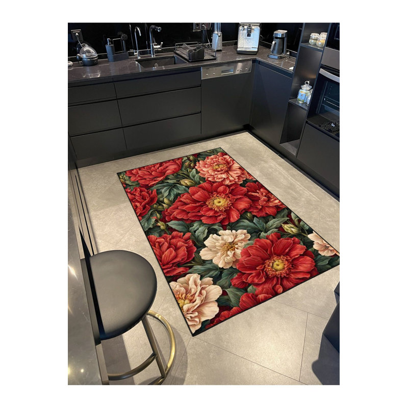 Pink Rose Patterned Machine Washable Rug, Rectangle 2'4" x 3'11" Rug Pad Included