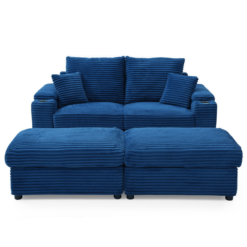 Corduroy Fabric Loveseat with Ottomans and Two Pillows, Blue Corduroy