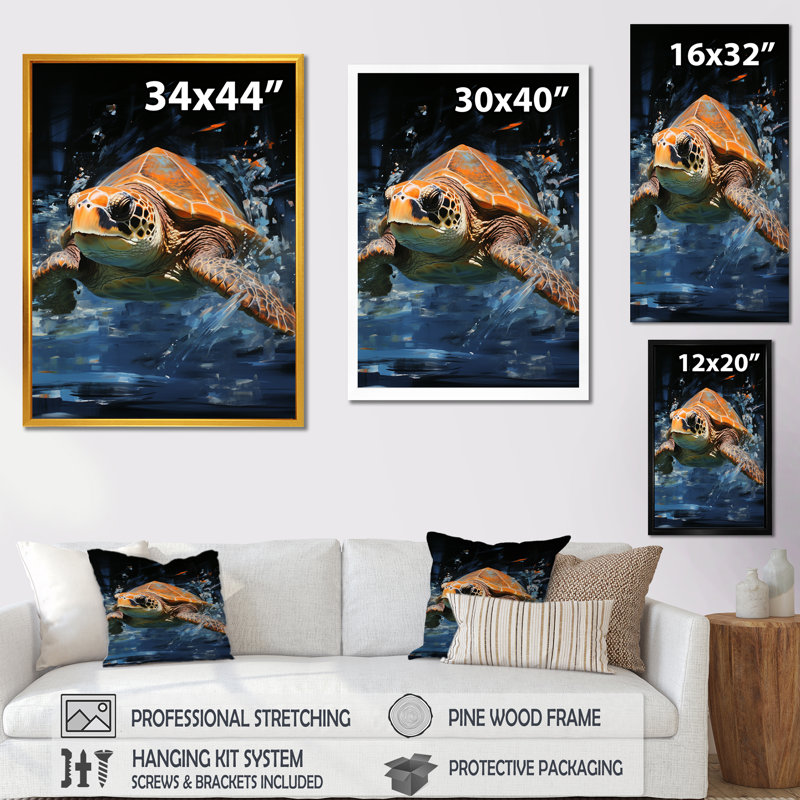 «Sea Turtle Journey», art mural animaux côtiers, Cadre flottant doré, H 32 po x l 16 po x P 1 po
