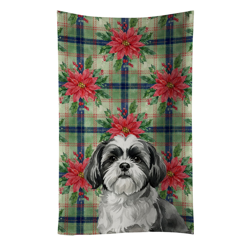 Black and White Shih Tzu Christmas PoinsettIas Kitchen Towel, Black/White Shih Tzu