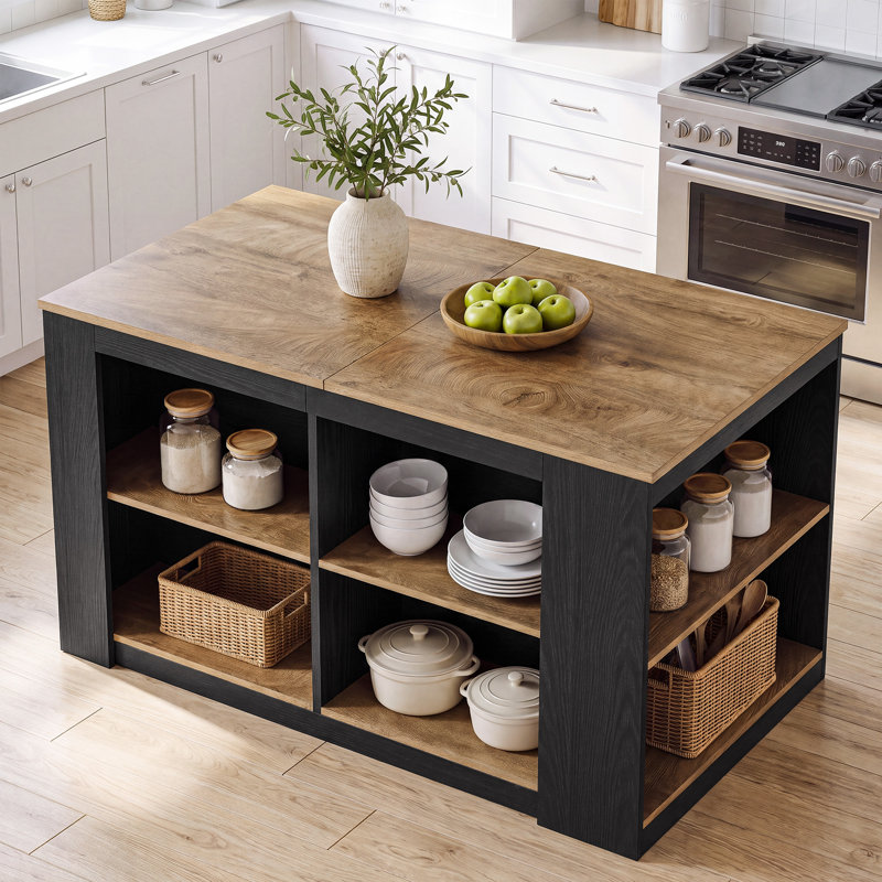 Îlot de cuisine brun et noir de 140 cm avec étagères de rangement, table à manger avec grand comptoir pour la cuisine