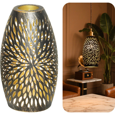 Pendant Light Shade Replacement, Metal Lampshade with 1-5/8" Fitter, 7.8" Height and 4.7" Diameter Etched Hollowed Lamp Shade, Antique Bronze Oval Shaped Cover for Chandelier Pendant Light Wall Lamp