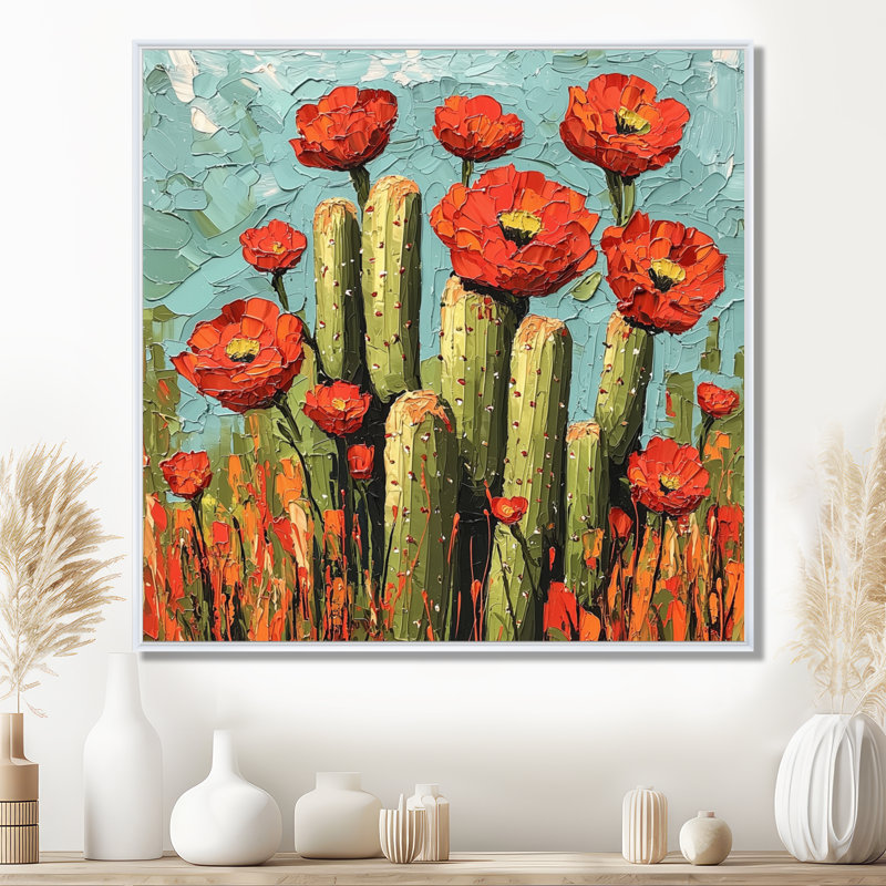 Cactus et les fleurs du désert II - Cactus, impressions sur toile, H 30 po x l 30 po, Impression encadrée flottante, Blanc