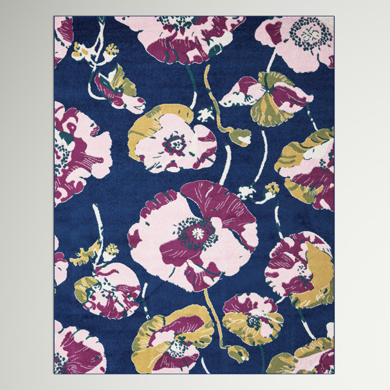 Tapis floral bleu marine / rose / jaune Bloom, Rectangle 6 pi x 9 pi
