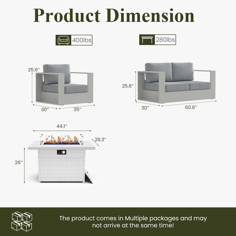 Modern Outdoor Aluminum 4-piece Conversation Set With Firepit Table, Gray Cushion/White Frame