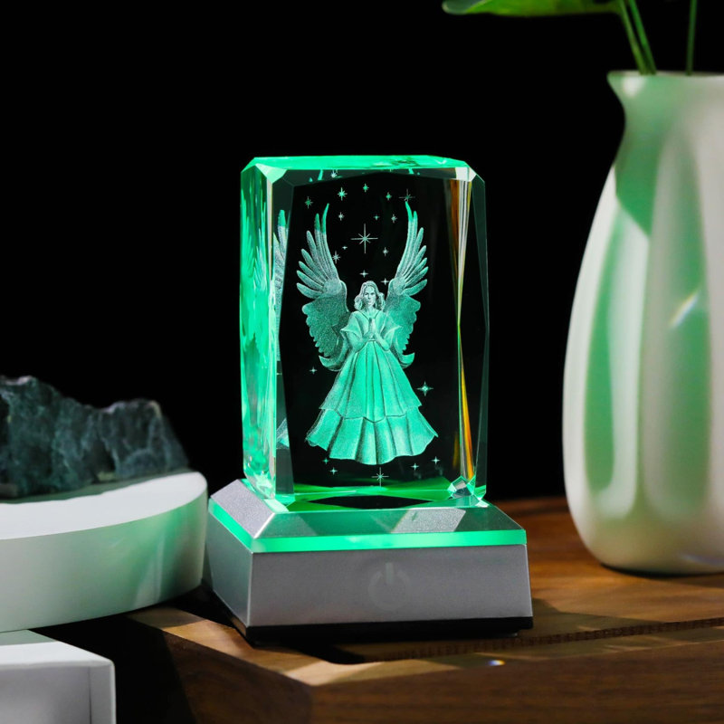 3D Crystal Guardian Angel Figurine With Colourful Light Base