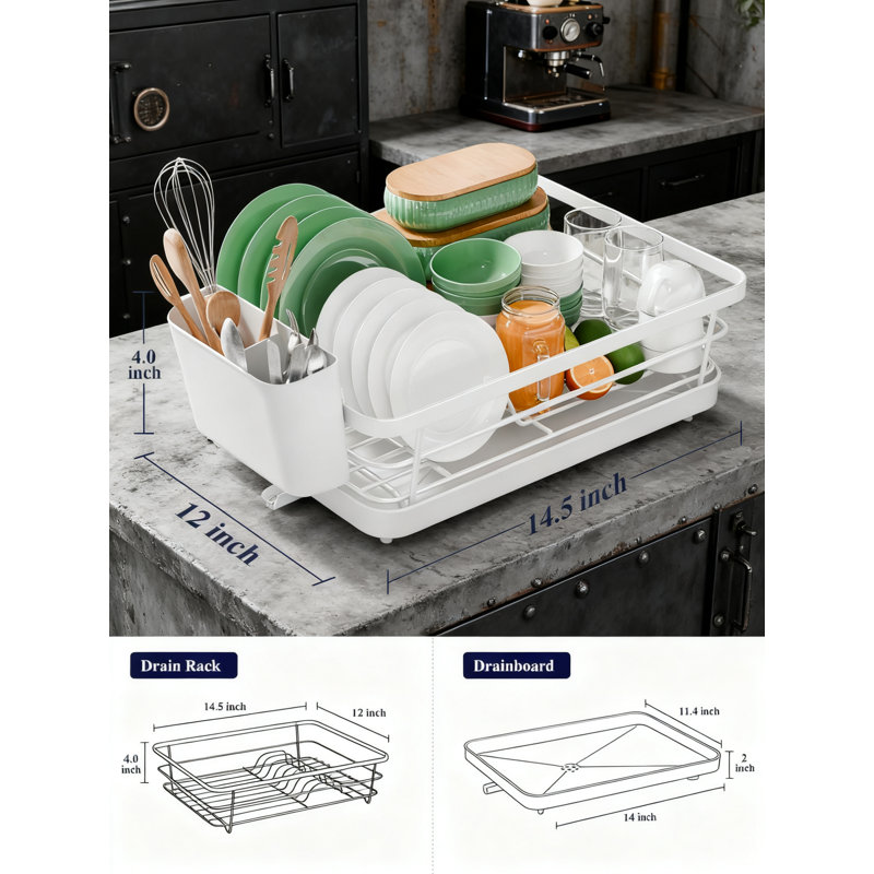 Compact Dish Drying Rack With Utensil Holder And Adjustable Drain Spout, Rust-Proof Space-Saving Kitchen Counter Organizer