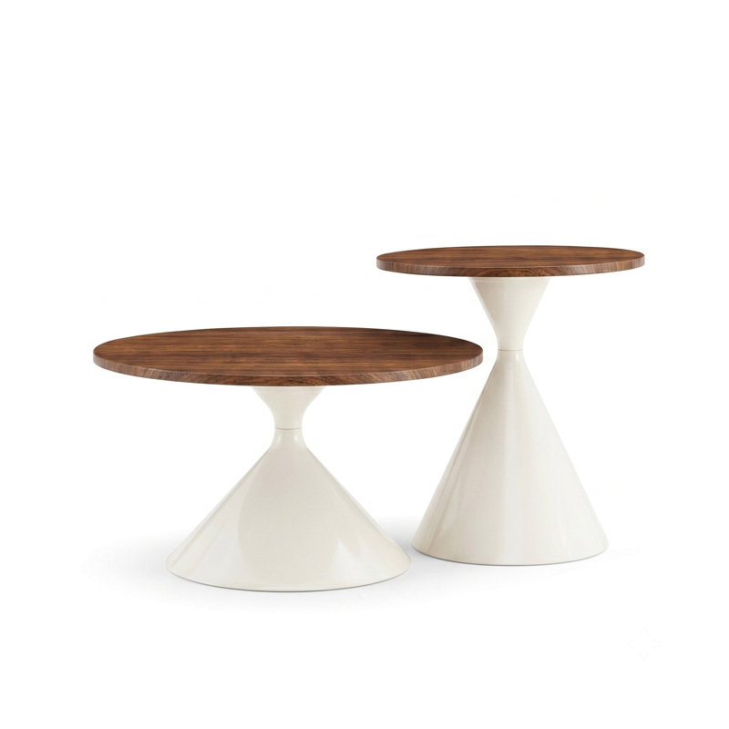 Ensemble de 2 tables basses rondes, plateau de table à motif noyer avec base en acier, table basse multifonctionnelle à la mode