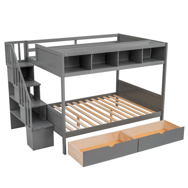 Lit superposé avec tablettes, escalier de rangement et 2 tiroirs, Gris