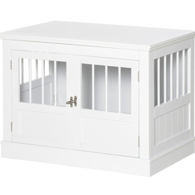 White Dog Crate Furniture. Small Kennel With Spacious Table, Triple Doors, Magnetic Shut, Steel Tube Puppy End Table Doors. Solid And Construction. White. Extra Wide For Easy Movement. Fits Dogs.