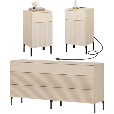 4 Pcs Bedroom Set,6 Drawer Dresser And Nightstand Sets For Bedroom, Night Stand Set Of 2, Double Dresser With Reeded Design, Wood Chest Of Drawers Mod