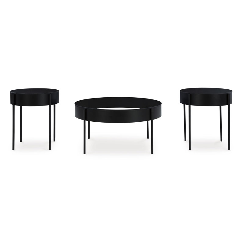 Black Metal and Glass Round Coffee Table Set