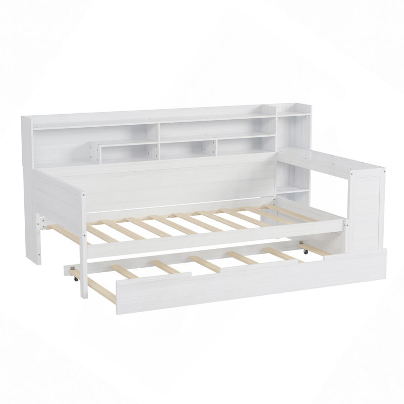 Lit de jour en bois avec tablettes de rangement, lit multifonctionnel avec lit gigogne et bureau d'étude, Lit simple