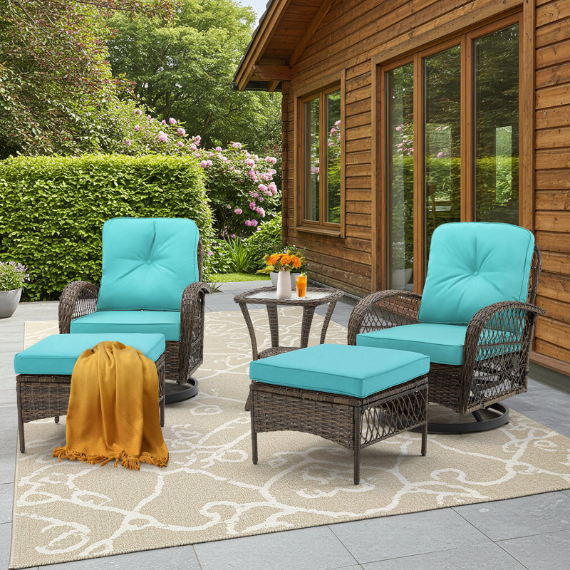 5-Piece Wicker Swivel Patio Seating Group with Tempered Glass Table Top and Cushions, Tiffany Blue