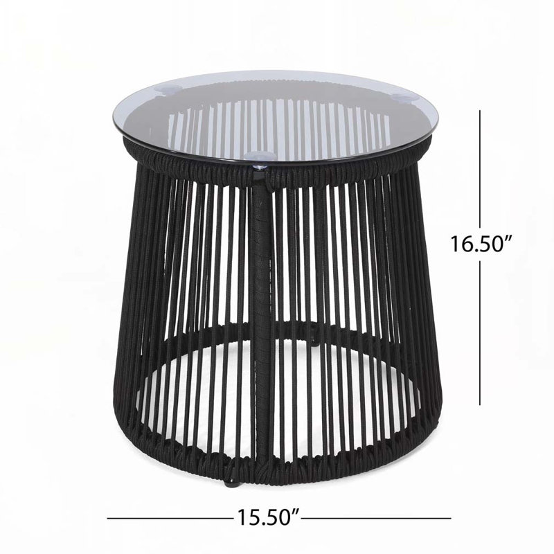 Patio Side Table with Glass Top ,Woven Rope, Black