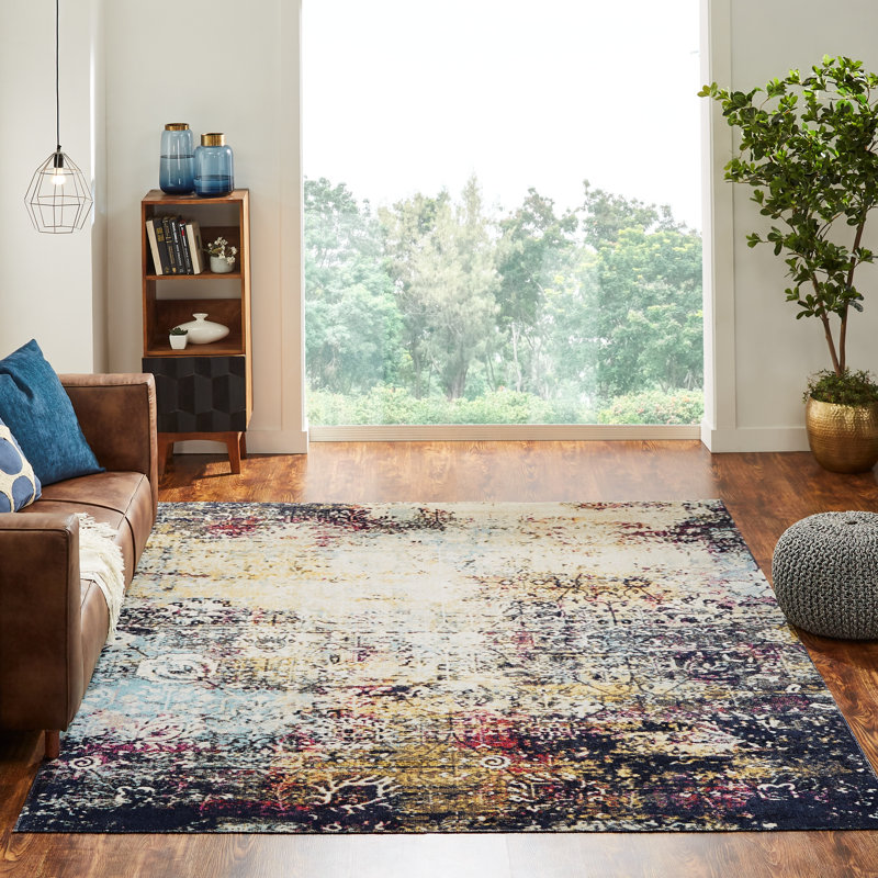 Abstract Area Rug in Ivory/Blue/Gold, Rectangle 7'9" x 9'9"