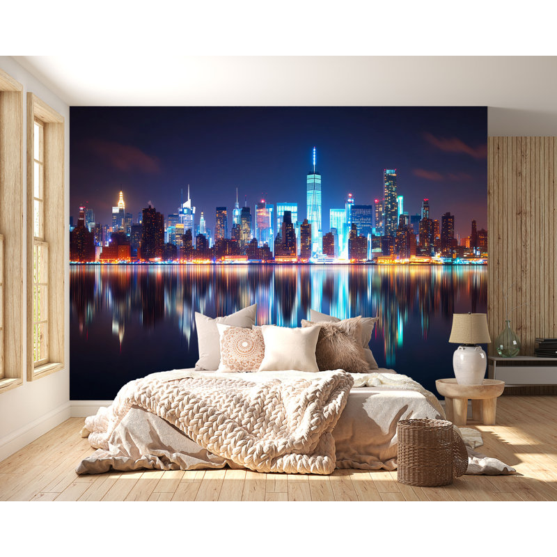 Papier peint NYC Skyline - Manhattan Night Lights Vn892 (Peel-N-Stick) VN892, L 145 po x l 100 po, Peler et coller