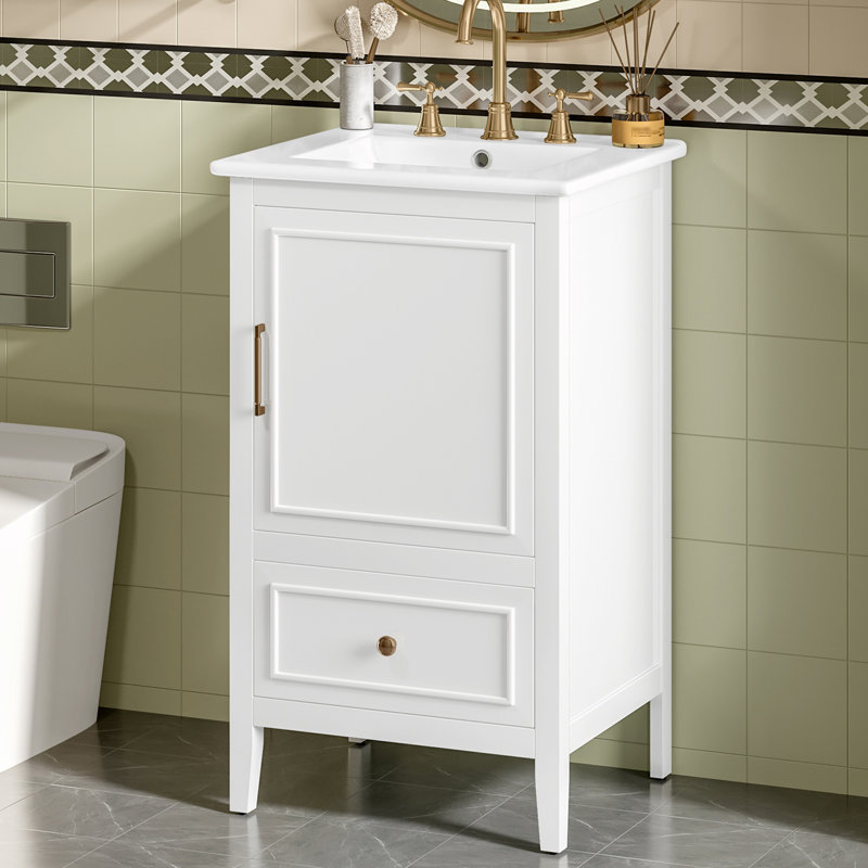 Meuble-lavabo de salle de bain avec lavabo, deux portes et tablette de rangement, White