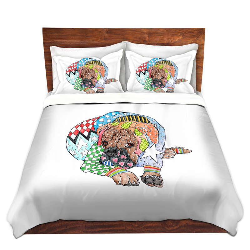  Ensemble de housse de couette Marley Ungaro Boxer Dog, 1 housse + 2 taies très grand lit, Blanc / Brun / Vert