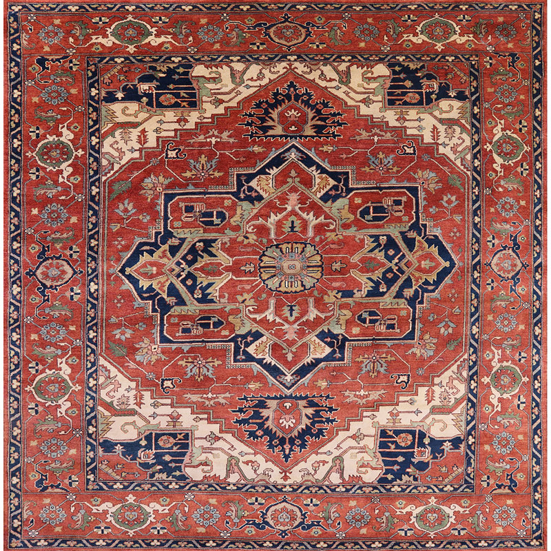 Tapis oriental rouge et bleu, Carré 8 pi