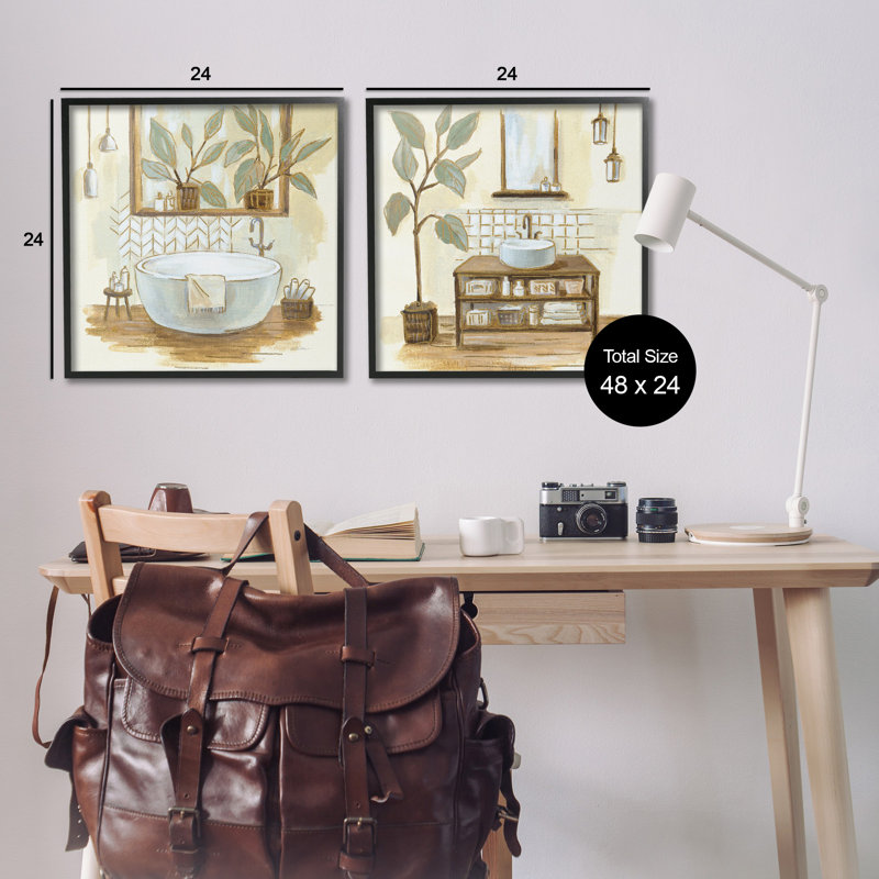 Plantes traditionnelles de salle de bain vert sauge, Giclée encadrée noir minuit, H 24 po x l 24 po