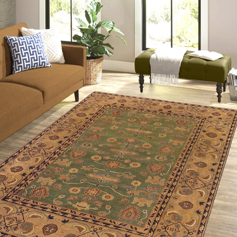 Tapis oriental vert en laine noué à la main 7 pi 3 po x 10 pi 1 po Paraison