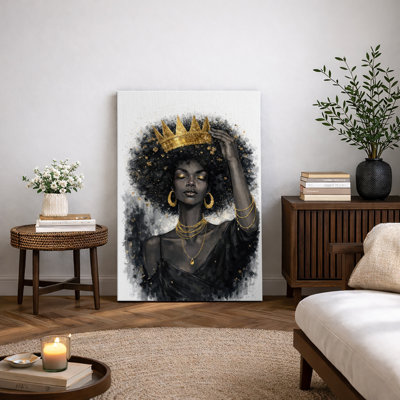 Élégante reine afro avec couronne dorée, œuvres d'art pour chambre à coucher, impression sur toile encadrée
