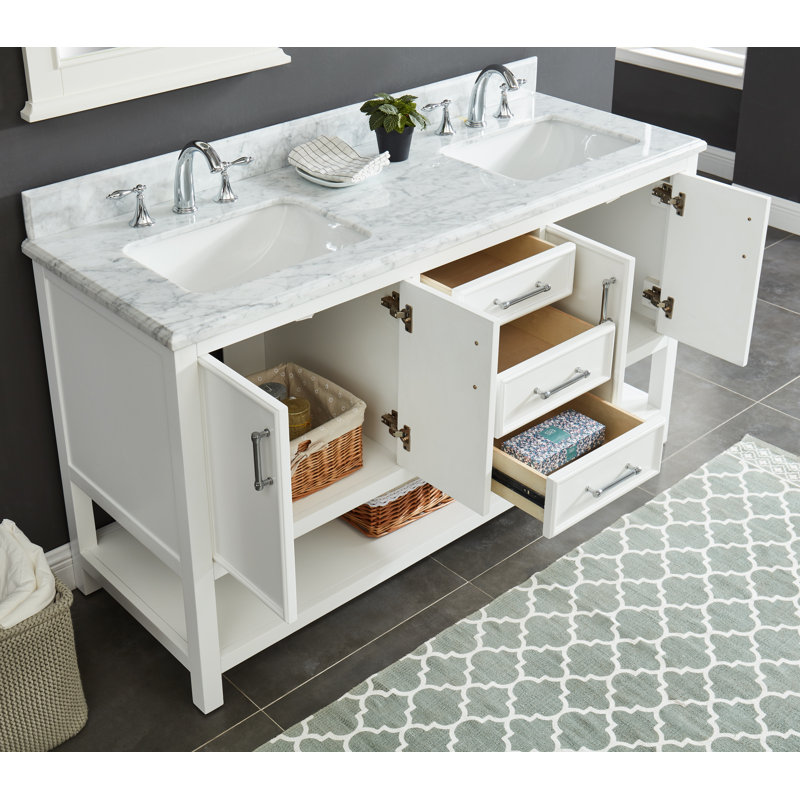Meuble-lavabo double Paulene 60'' avec dessus en marbre de Carrare, blanc tourterelle, Dove White, Carrara white